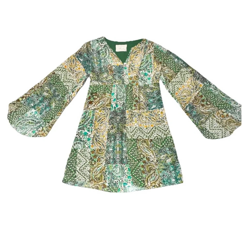 Anthropologie Floreat Amelie Paisley 100% Silk Bell Sleeve Swing Dress Sz 2 BOHO - Picture 6 of 15